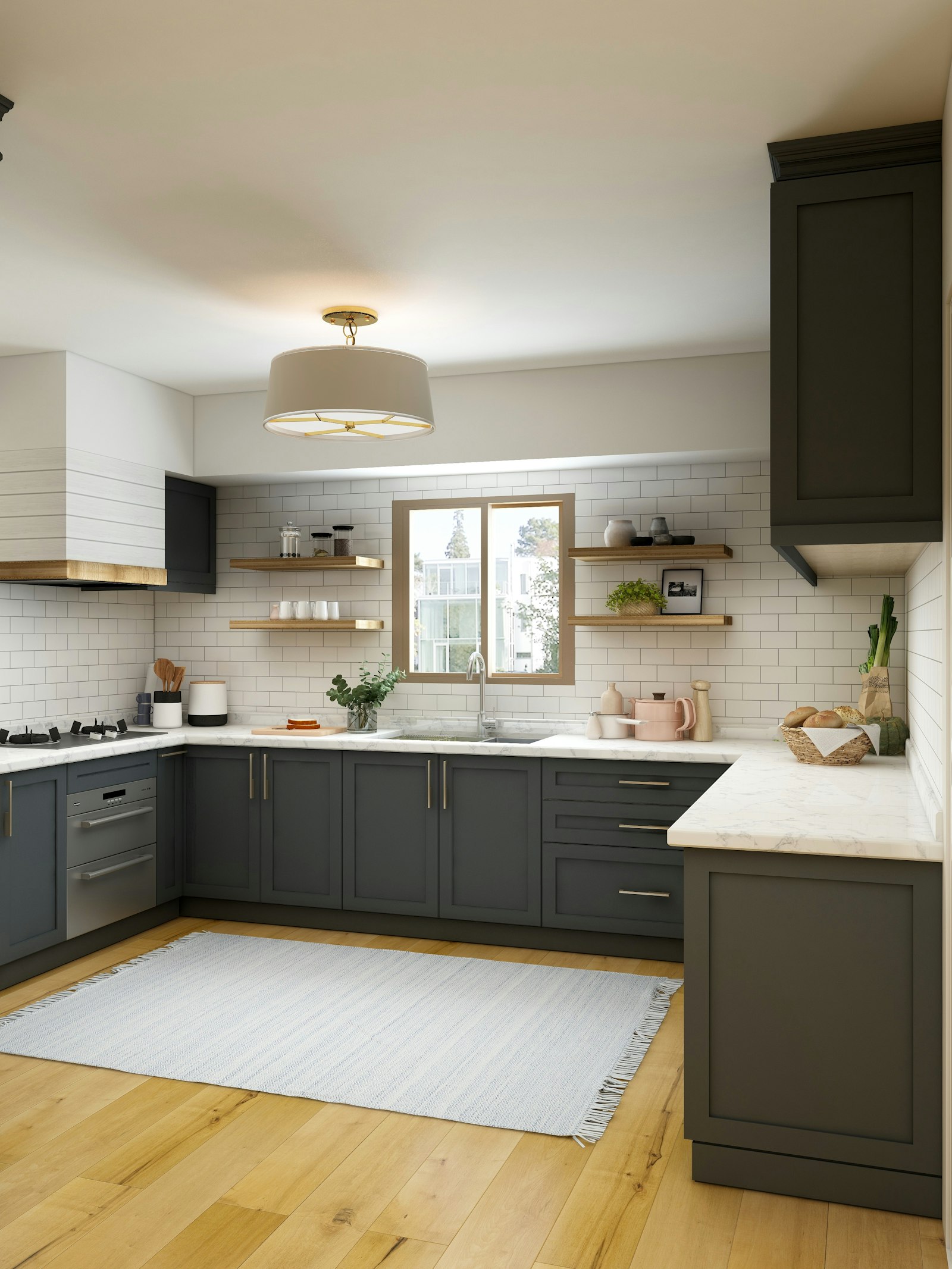 Remodeled kitchen with dark cabinets and white countertops