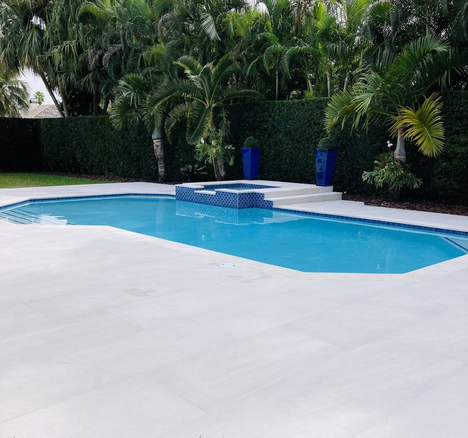 Backyard pool and raised spa with white paver deck