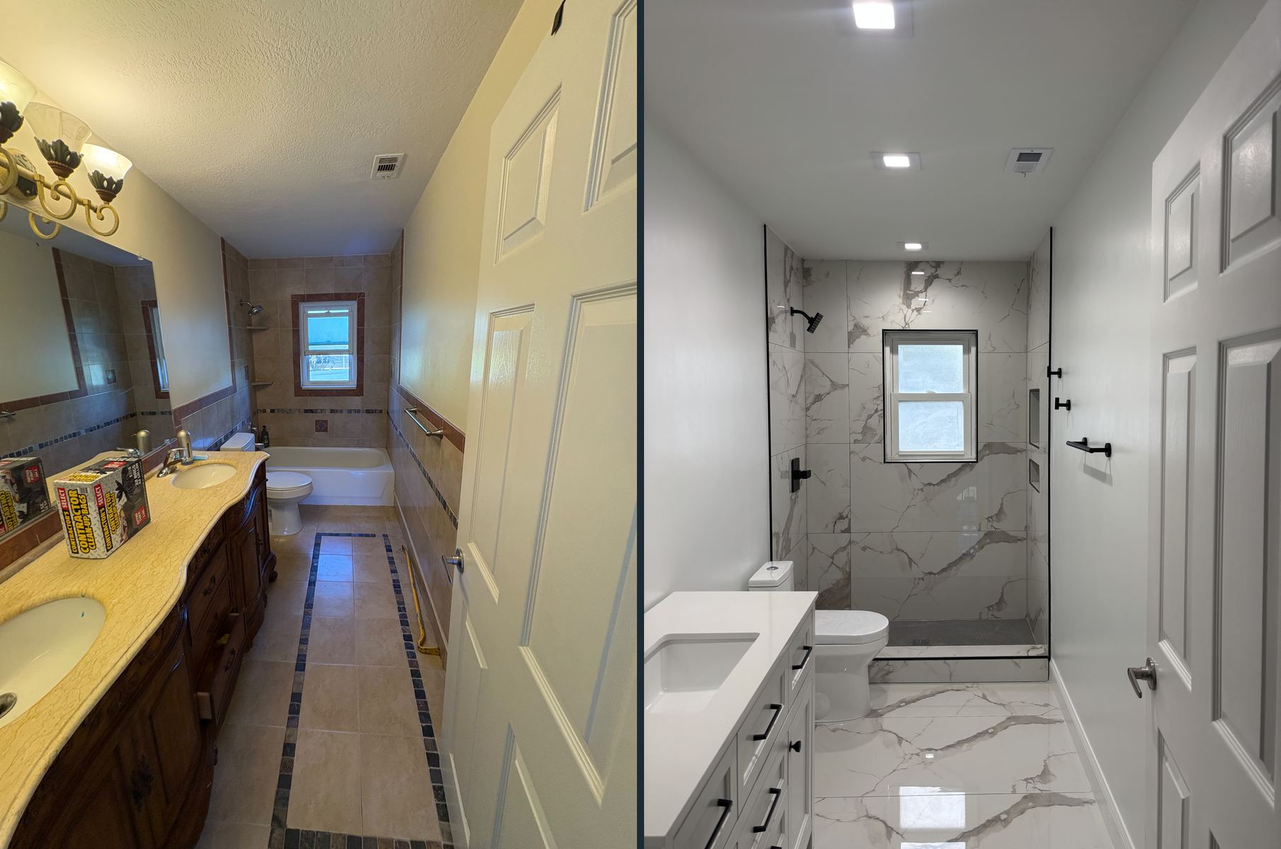 Bathroom before, with a dated double vanity and tub, and after, with a marble-look walk-in shower, white vanity and black fixtures