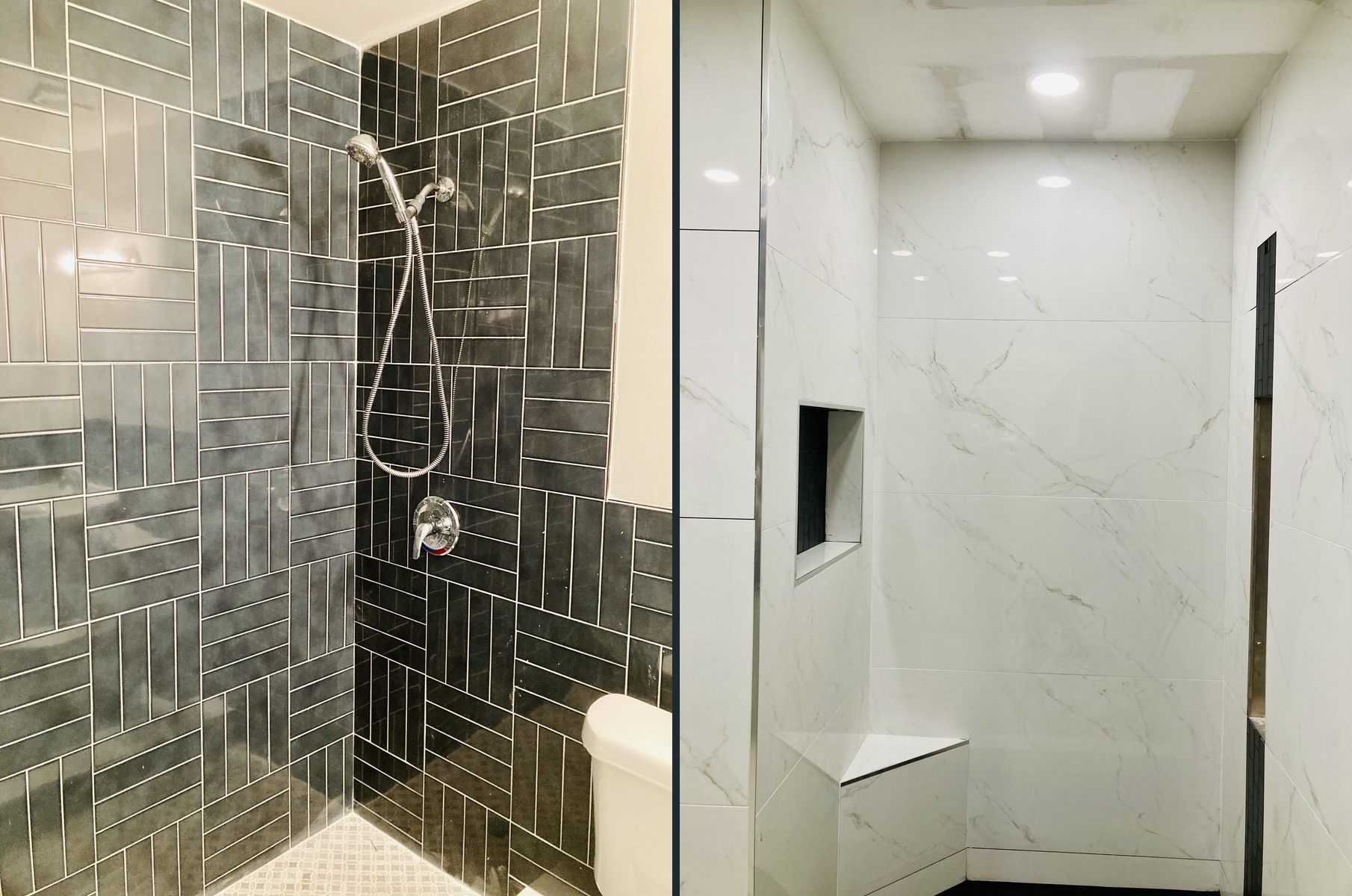 Shower in charcoal vertical and herringbone tile, and a white marble-look shower with niche and bench