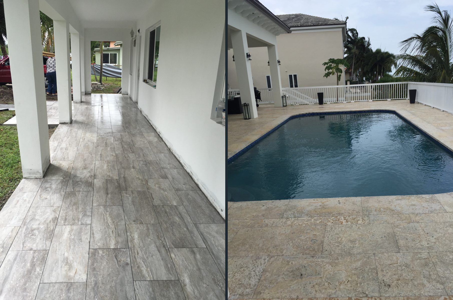 Covered porch with wood-look porcelain tile, and a pool with a stone deck