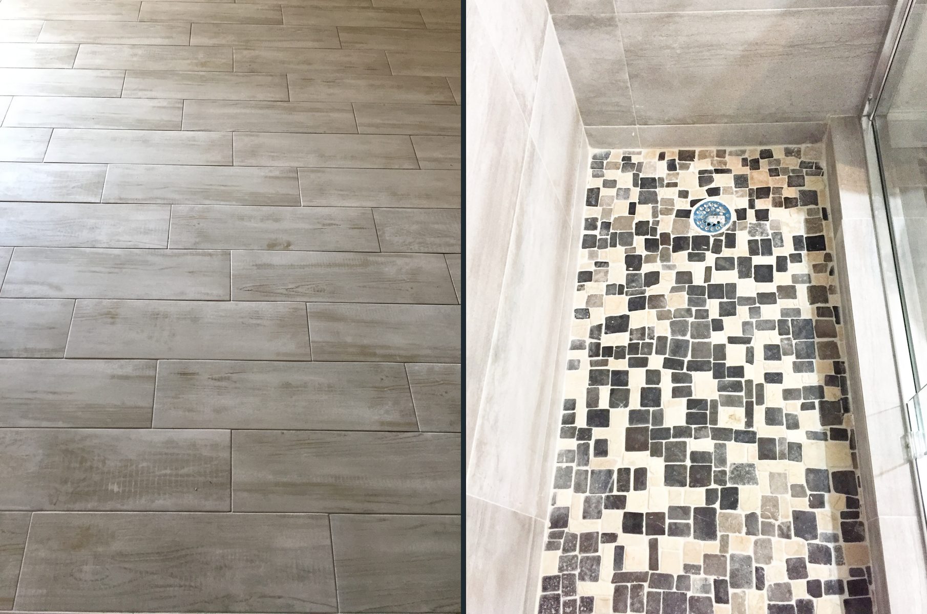 Light plank tile floor, and a shower floor in black and white stone mosaic