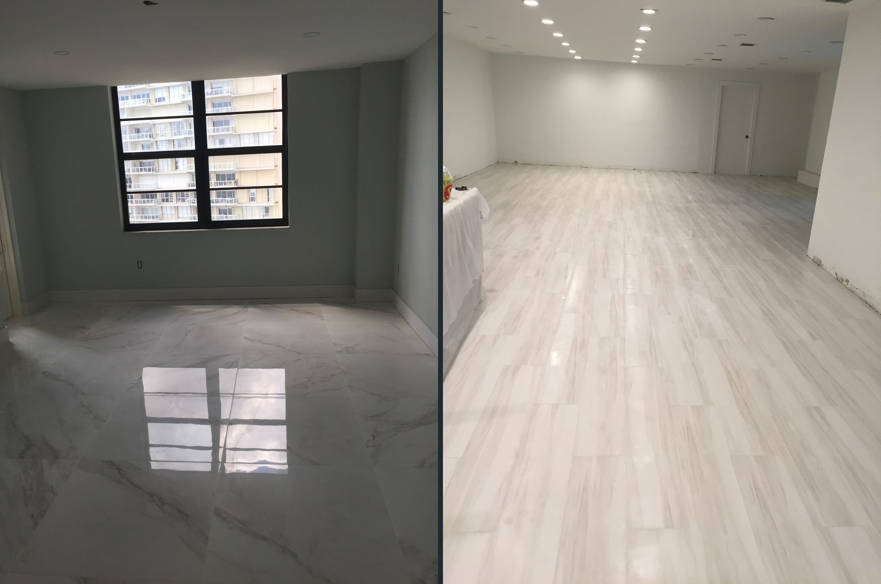 Polished marble-look porcelain floor reflecting a window, and a long room with light plank tile and recessed lights