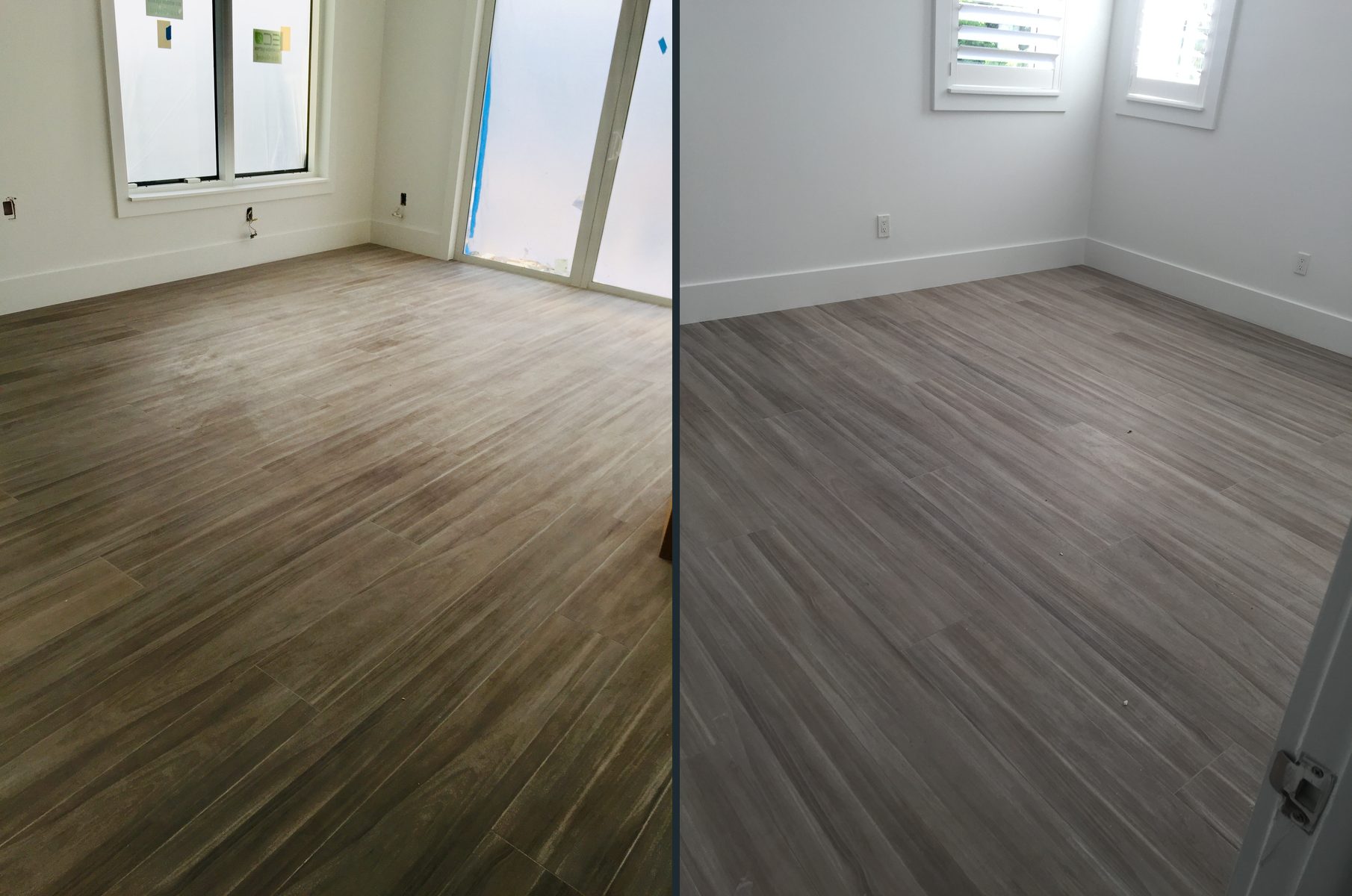 Two rooms with new wood-look tile flooring and white baseboards