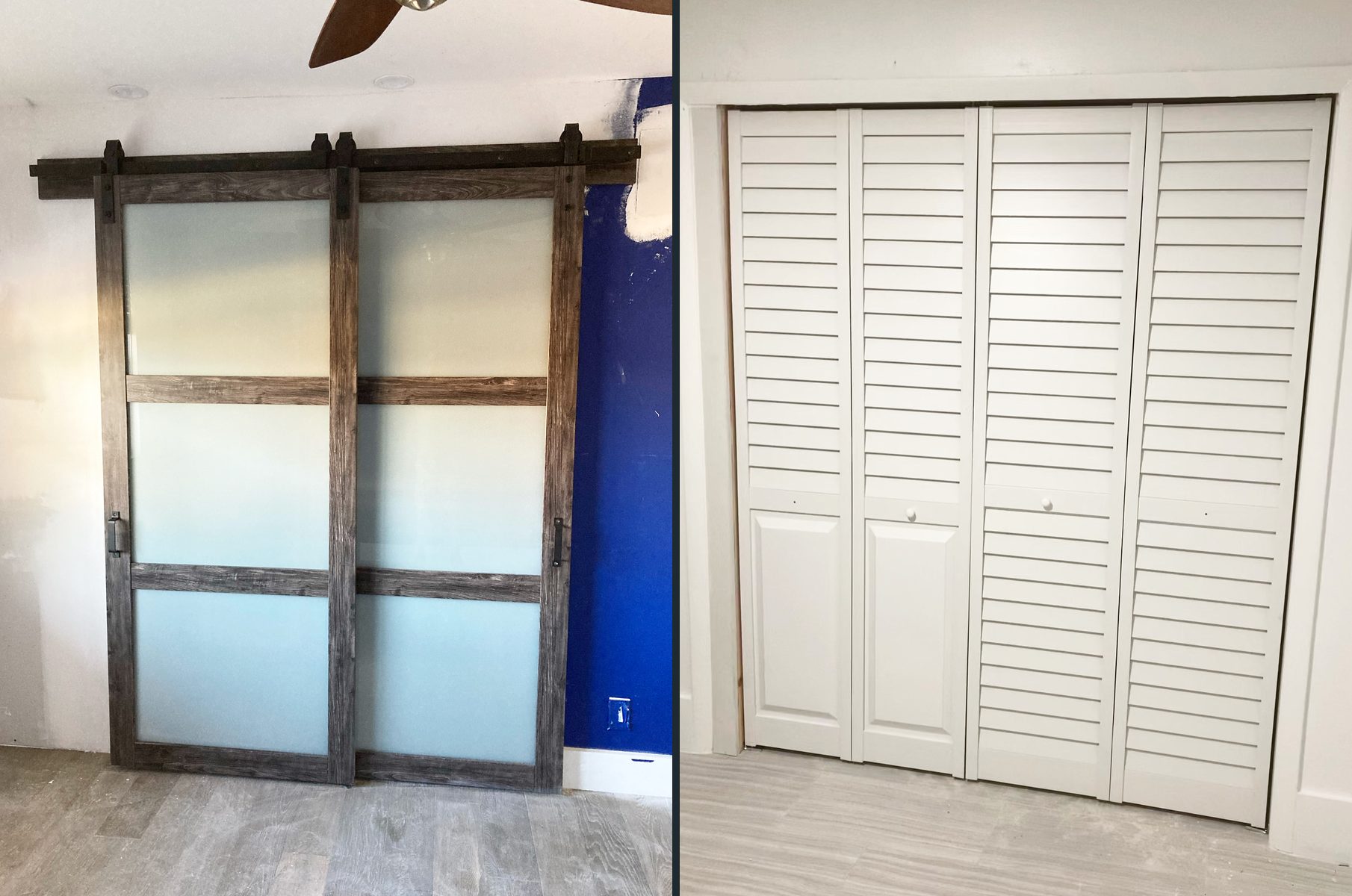 Rustic sliding barn doors with frosted glass, and white louvered closet doors
