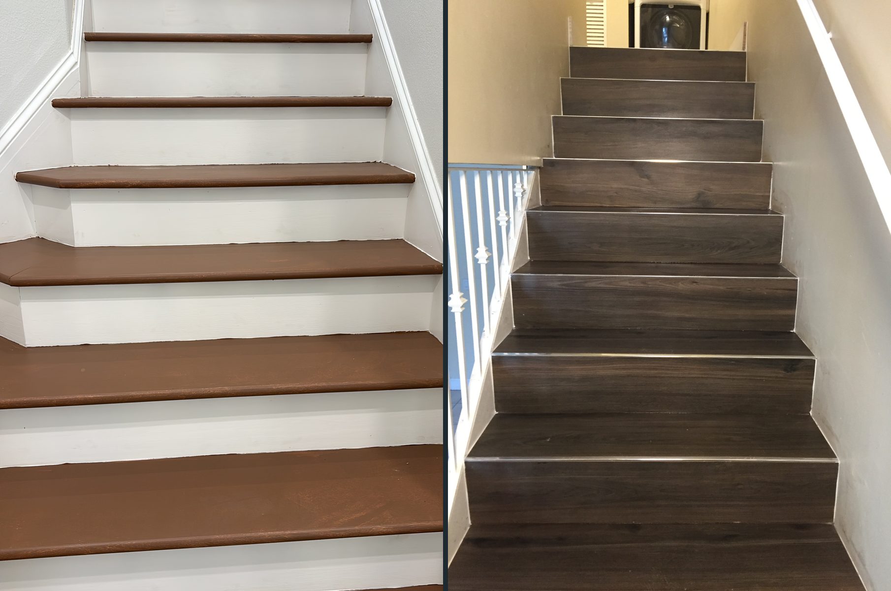 Staircase with white risers and wood-tone treads, and a staircase finished in dark wood-look tile