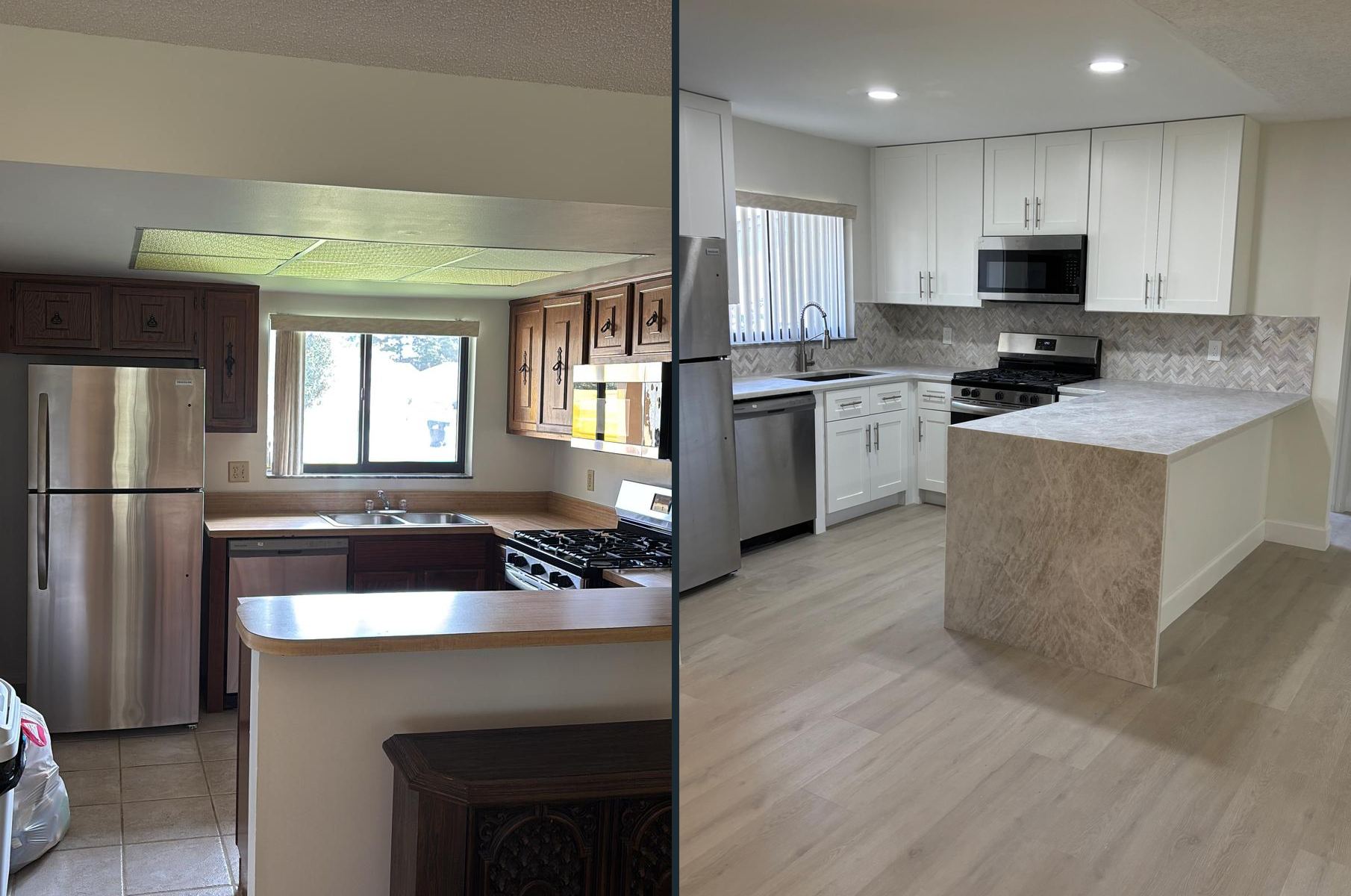Kitchen before, with dark wood cabinets and laminate counters, and after, with white shaker cabinets, herringbone backsplash and a stone waterfall peninsula