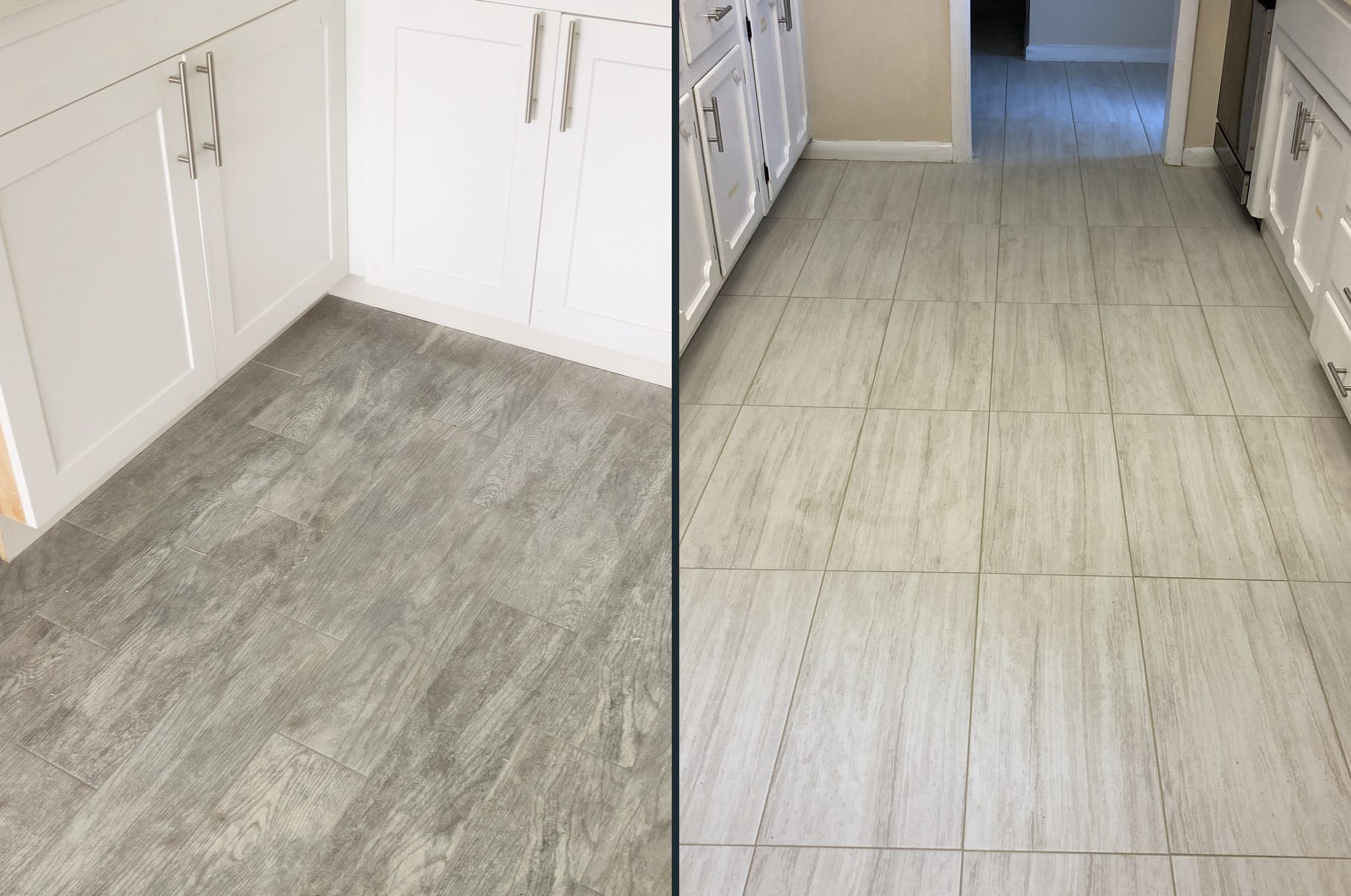 White kitchen cabinets over gray wood-look tile, and a galley kitchen with new tile flooring
