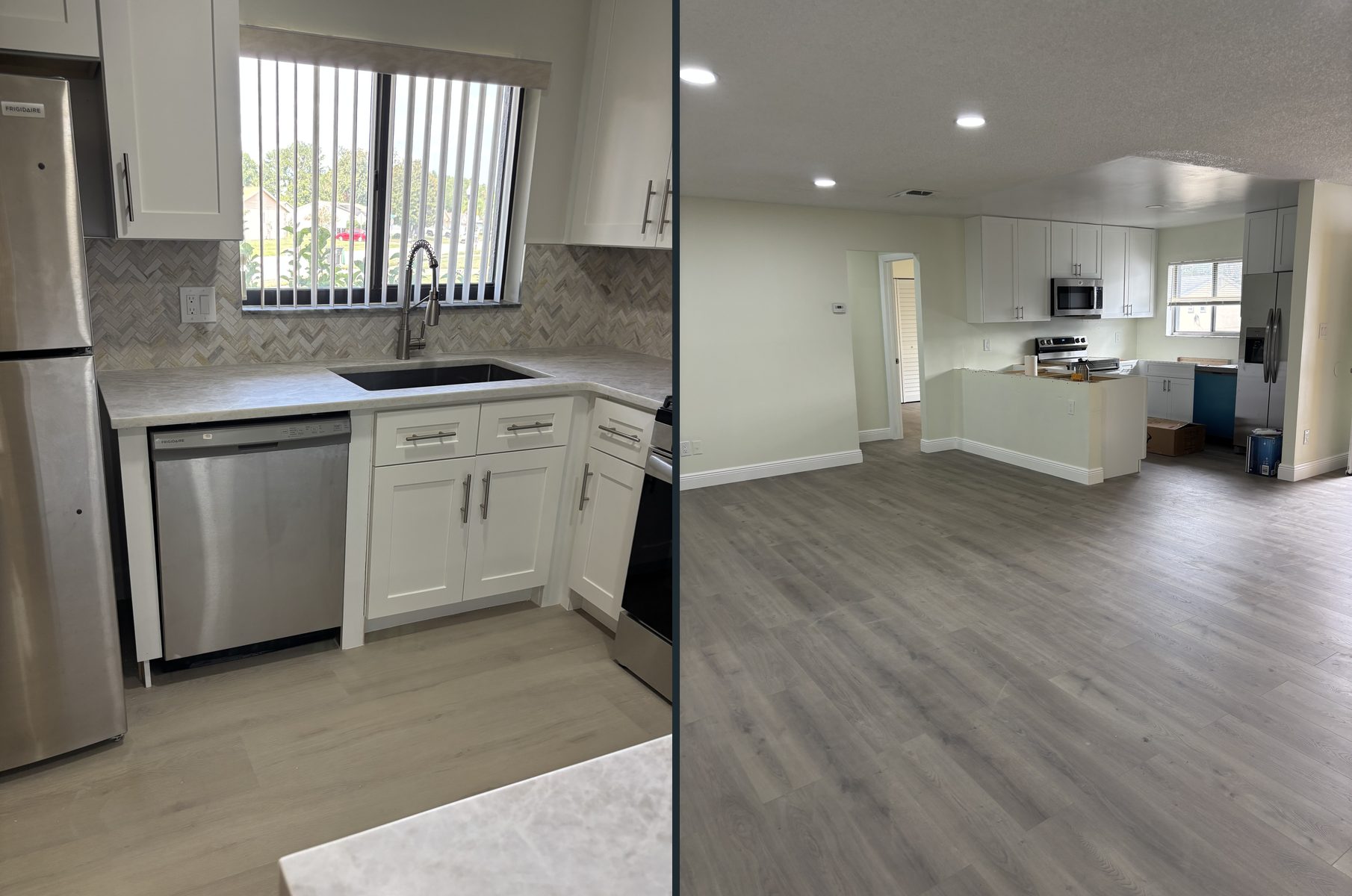 White shaker kitchen with herringbone backsplash and stainless appliances, and an open living area with new plank flooring