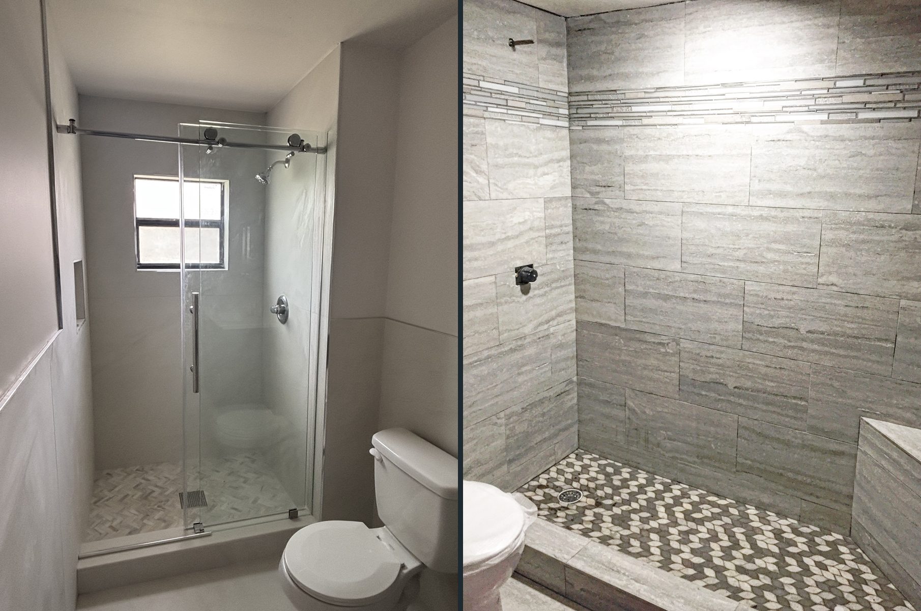 Glass-door shower with chrome fixtures, and a gray tile shower with mosaic floor and drain
