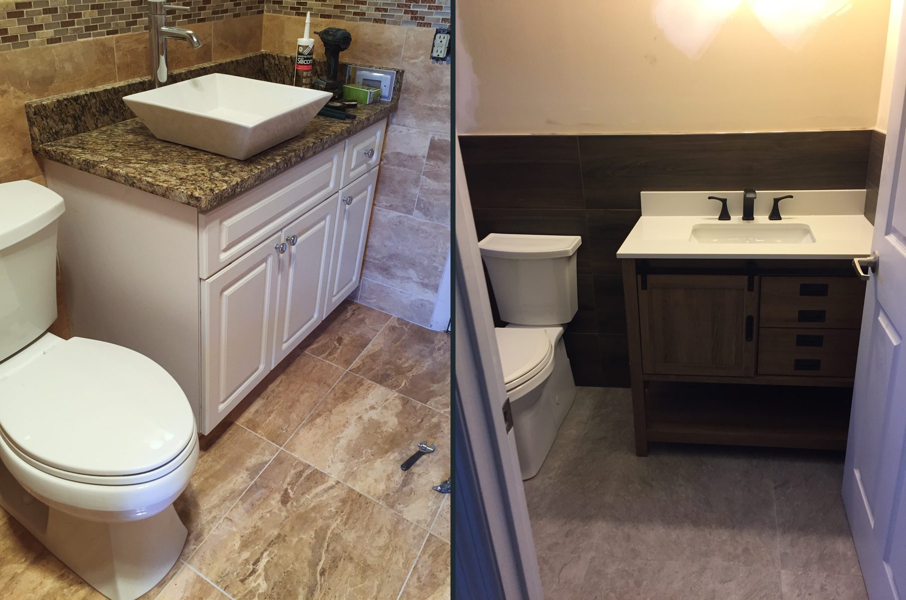 Vanity with granite top and vessel sink, and a wood vanity with a black faucet