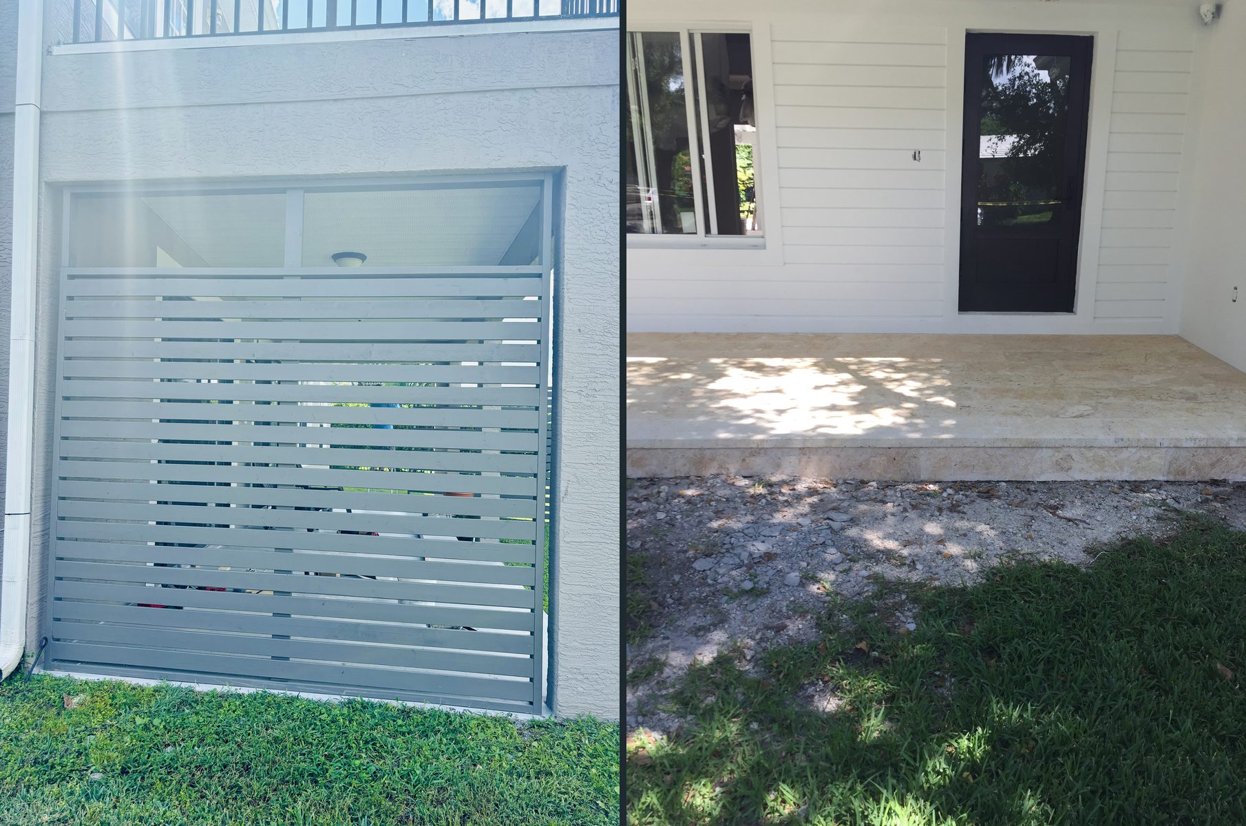 Horizontal slat aluminum privacy gate, and a stone patio at a back door
